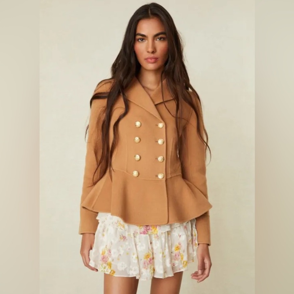 LoveShackFancy 🎀 Morrow Jacket in Camel - Tan Double-Breasted Pea Coat Gold